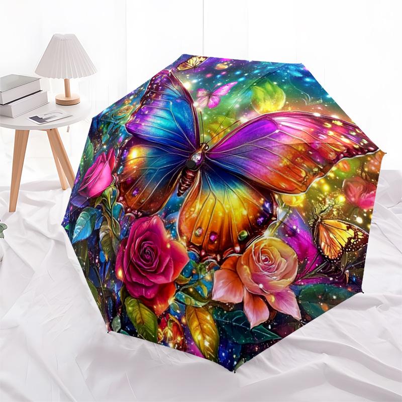 1 PC Automatic Folding Umbrella - Butterfly Garden Pattern, Portable & Foldable Design with 8 Ribs, Christmas Birthday Gifts