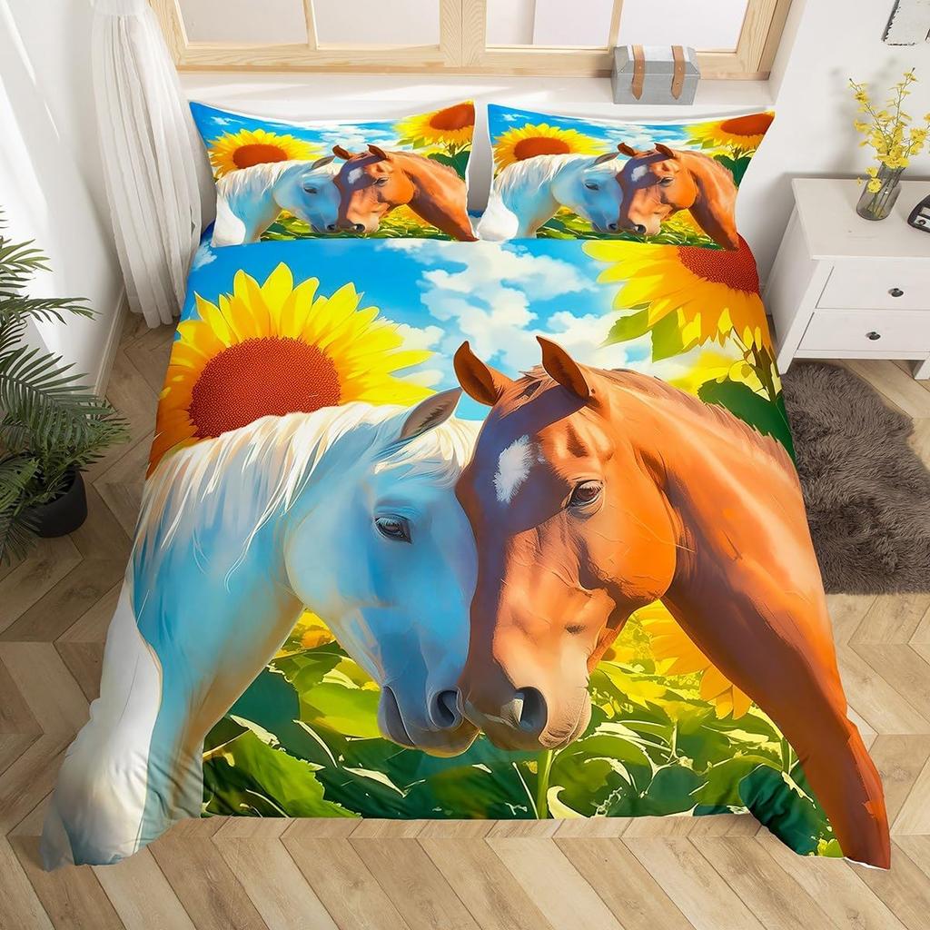 Horse Duvet Cover Western Cowboy Farmhouse Animal Bedding Set Soft Sunflower Floral Comforter Cover Twin Queen For Boys Girls