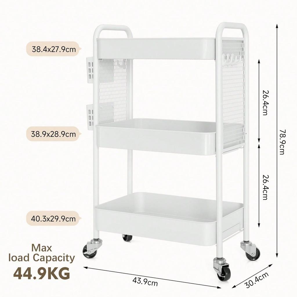 Rolling Carts With Wheels, 3 Tier Rolling Utility Cart, Metal Storage Organizer With Pegboard Hooks Bins For Bathroom Kitc