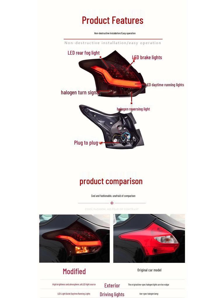 15-18 Ford Focus Hatchback LED Rear Tail Lights with Turn Signals and Daytime Running Lights