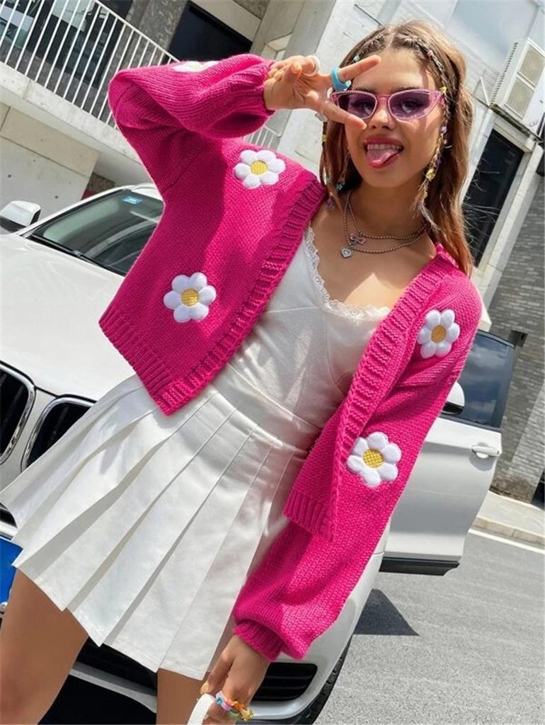 Floral Print Sweaters Cardigan Loose Lantern Long Sleeve V Neck Short Knitted Sweaters Cropped Cardigan Open Front Cute Shrug Fall Sweater