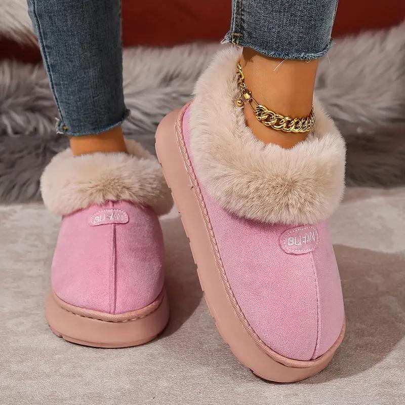 Women's Platform Boots Winter Fur Chunky Shoes Ankle Warm Plush House Fluffy Footwear Plush Lined Slip On EVA Sole Slippers New