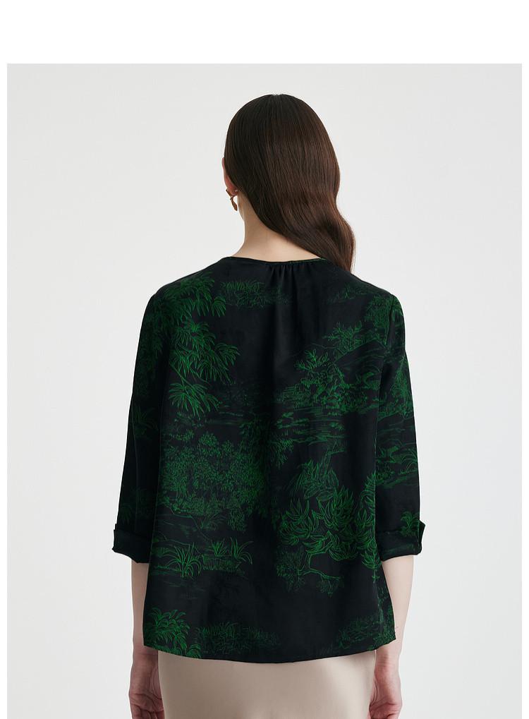 National style fragrant cloud yarn: 100% mulberry silk round neck temperament jacquard anti-aging silk shirt for women