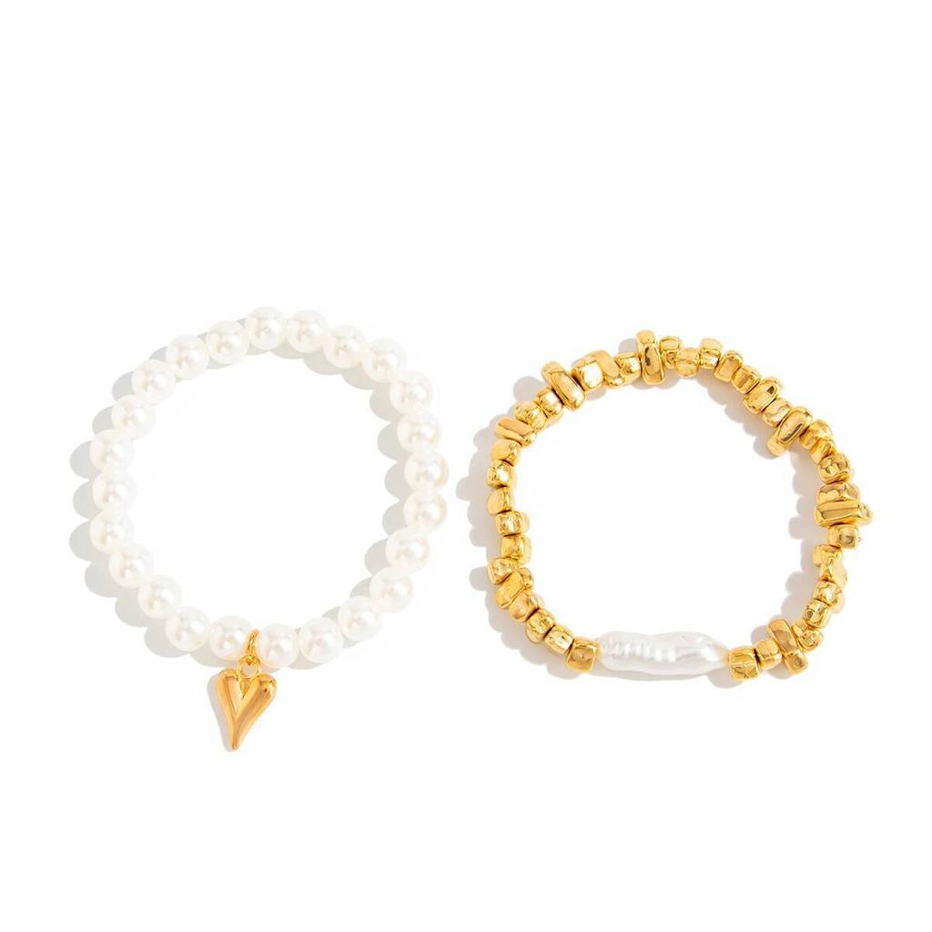 Salircon 2Pcs/Set Exquisite Imitation Pearl Chain Heart Pendant Bracelet Women Vintage Elastic Rope Chain Bangle Jewelry Gift