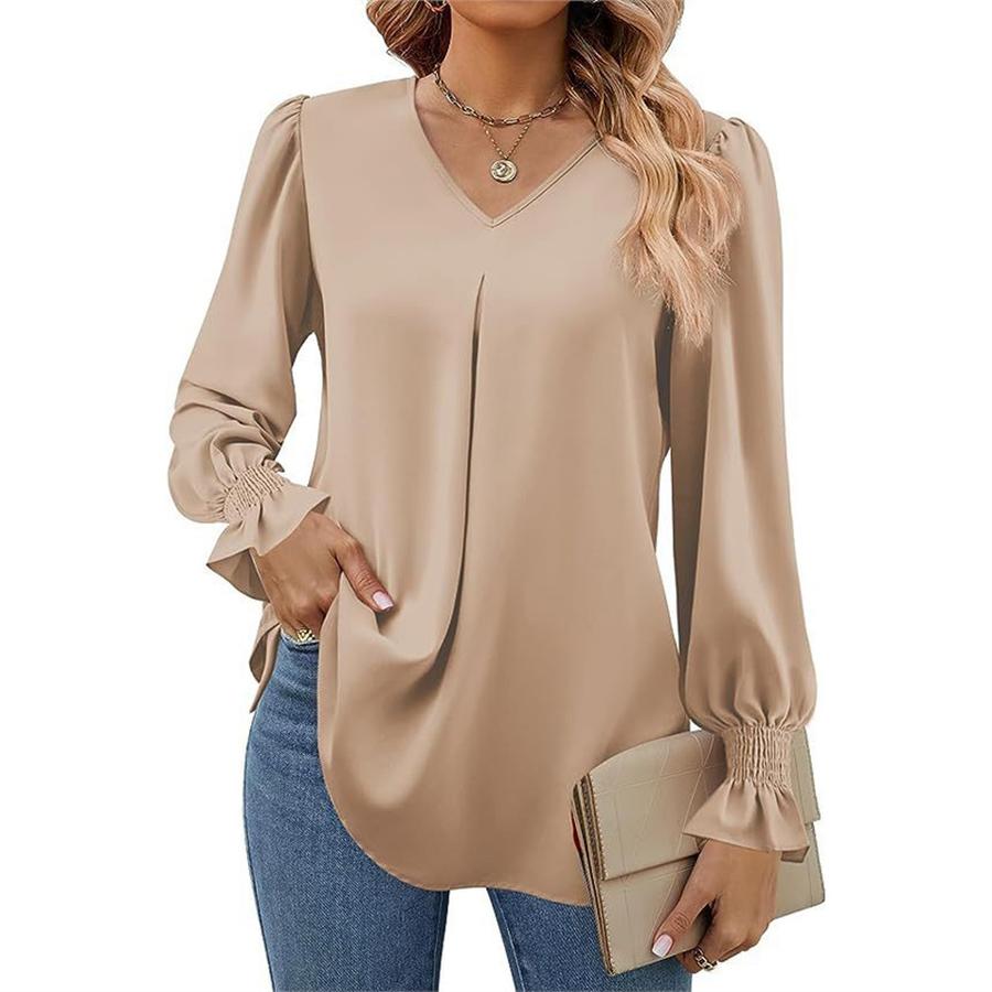 Women's Fall New Arrivals Solid Sheer Chiffon Shirt V-Neck Sleeveless Bell Sleeve Long Sleeve Top Blouse