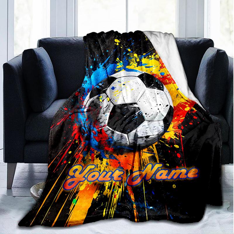 1PC Custom Name Soccer Splash Art" Outdooor Flannel Blankets Patterns Throw Blanket All-Season Soft Gift for Couch, Bed, Camping Gifts