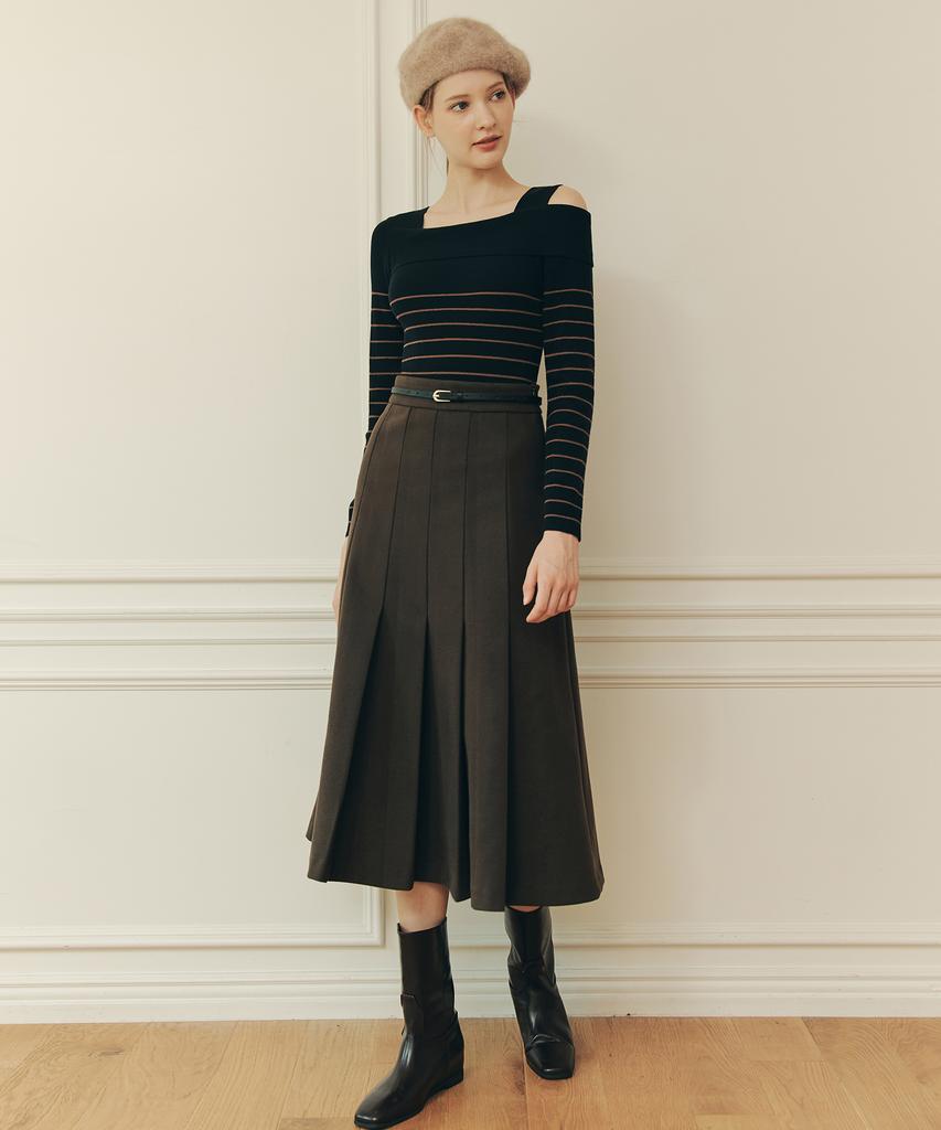 ZEROSTREET [3 Colors] Striped Asymmetrical Off-Shoulder Sweater