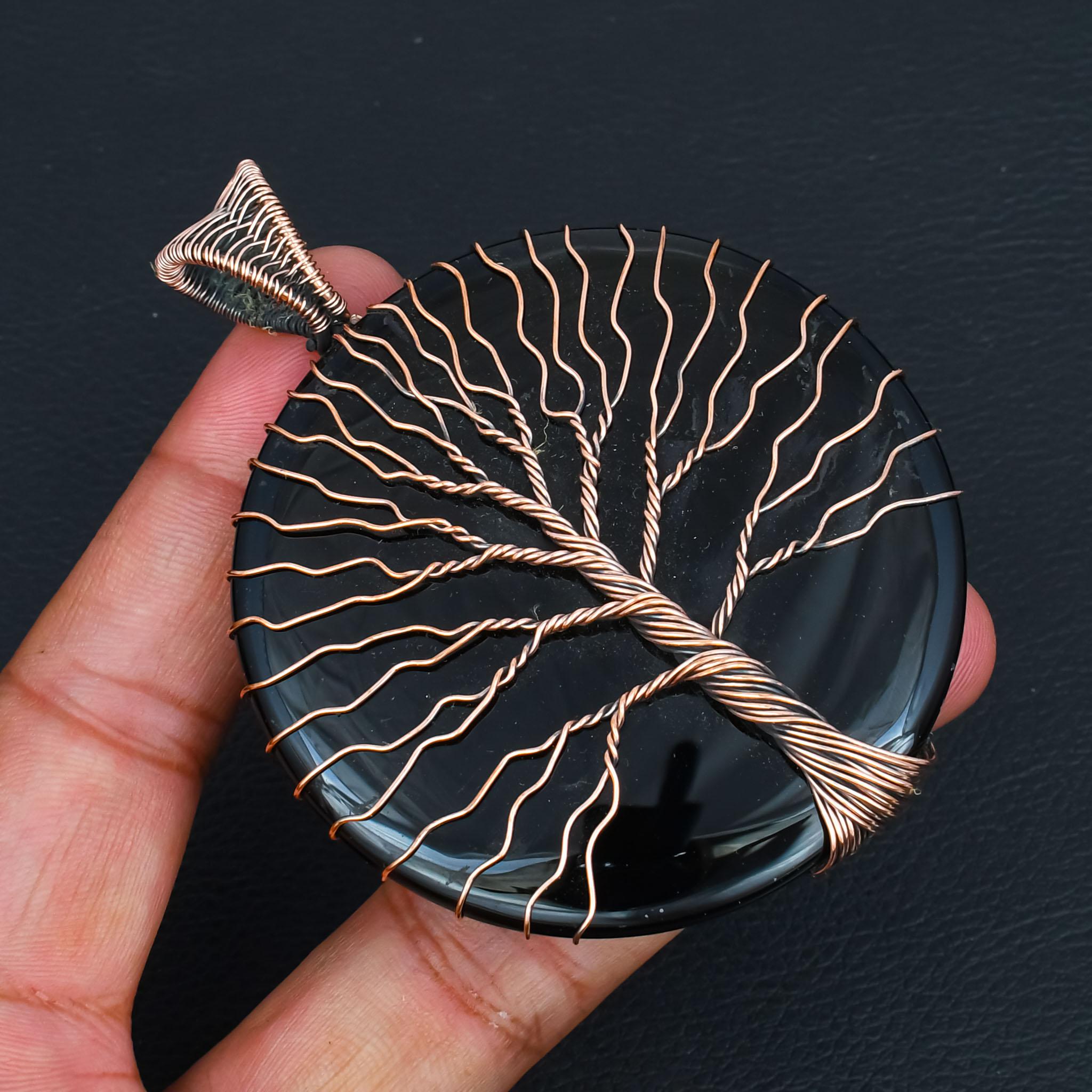 Handcrafted Huge Round Black Onyx Pendant, Artistic Tree of Life Copper Wire Wrap, Oversized Gemstone Necklace, Boho Chic Jewelry