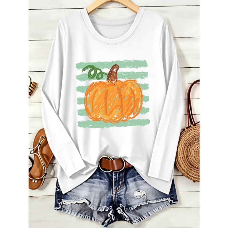 Women's hand-painted printed simple and fashionable round neck long-sleeved T-shirt