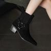 Fashion 2025 New Leather Shoes Women Genuine Square Toe High Heel Ankle Boots Thick Square Heel Slip on Western Boots Cowboy Boots Women