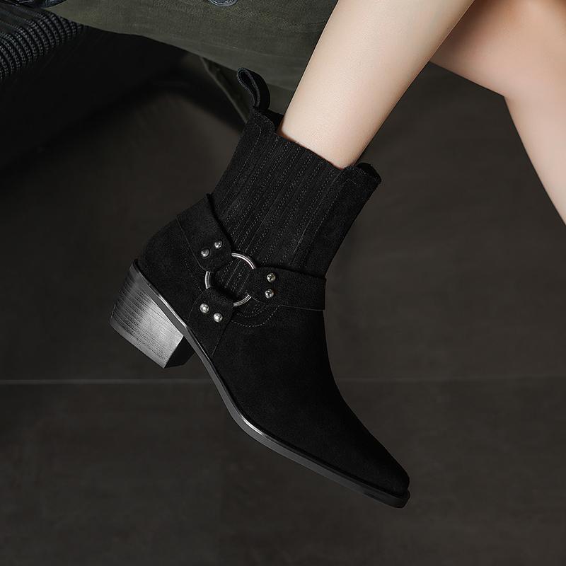 Fashion 2025 New Leather Shoes Women Genuine Square Toe High Heel Ankle Boots Thick Square Heel Slip on Western Boots Cowboy Boots Women