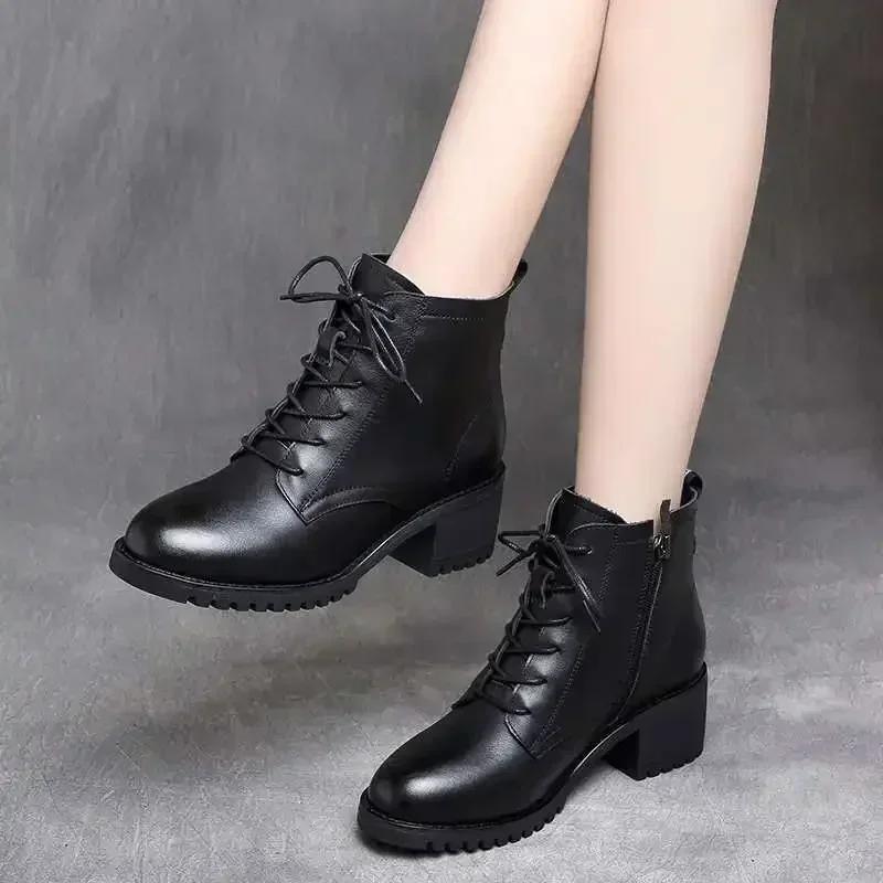 Women Boots High Quality Soft Leather Boots Fashion Pointed Short Boot Thick Heel Ankle Boots for Women British Style Short Boot