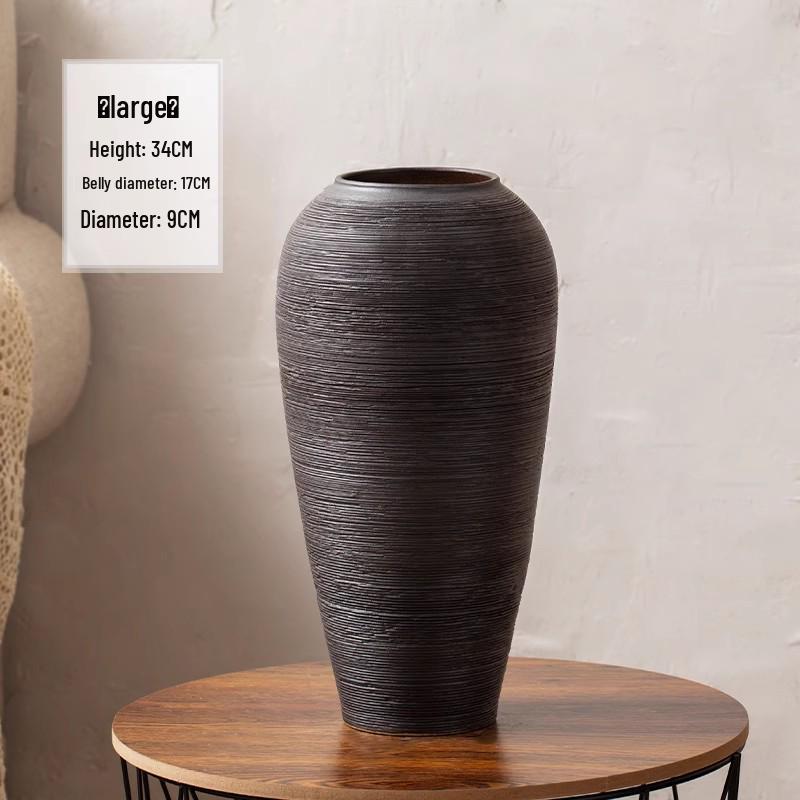 Zen Japanese Retro Black Pottery Vase for Dried Flowers - Large Tabletop Ornament for Living Room or Bedroom