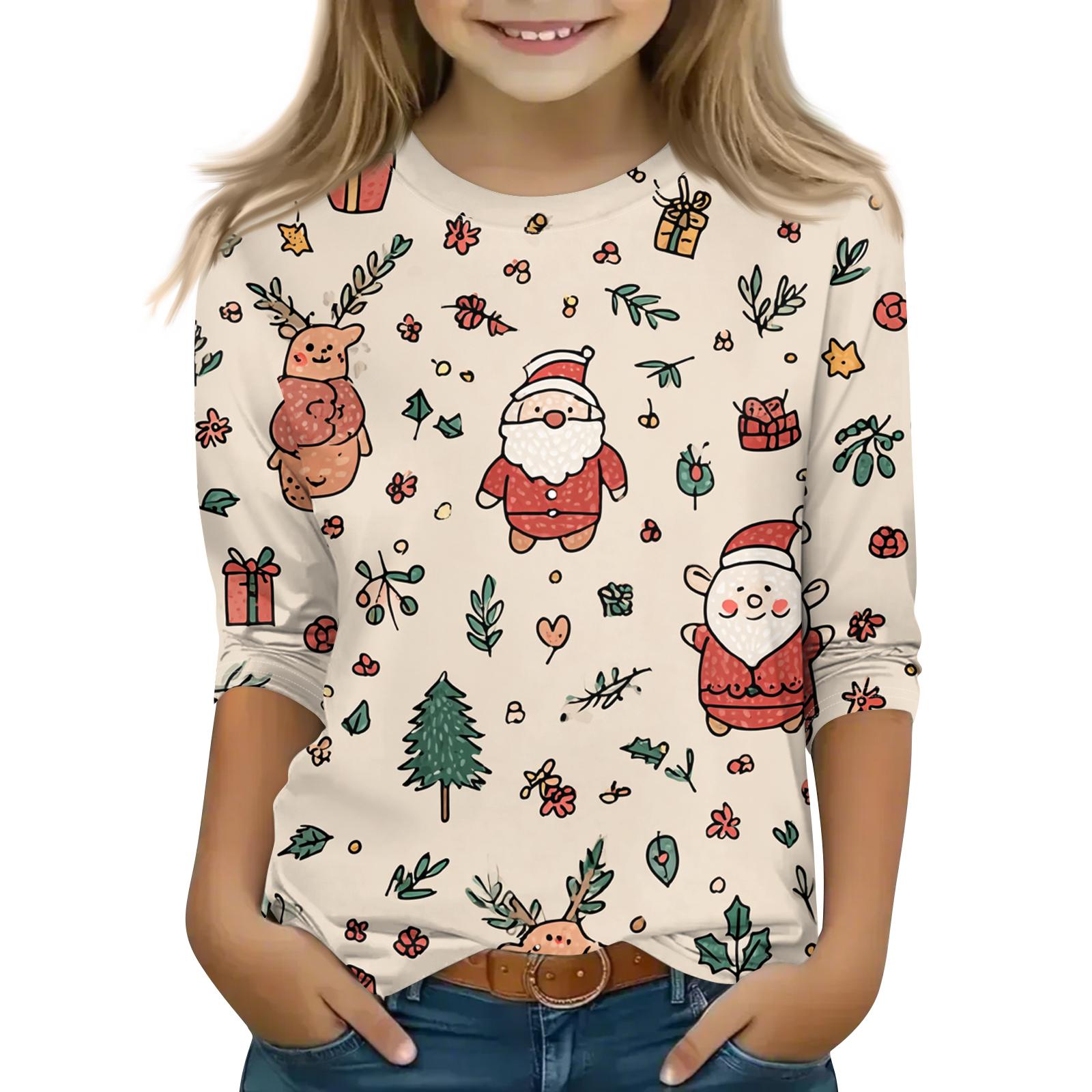 

Children s 3/4 Sleeve Round Neck Top Christmas Tree Printed Everyday Casual Top 120 бежевый