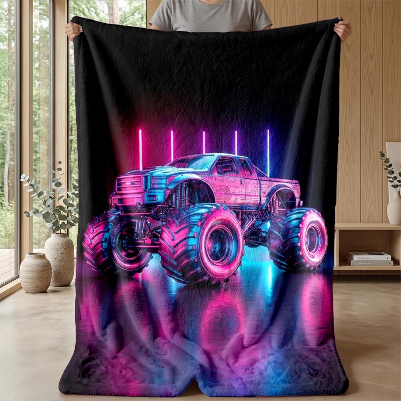 Neon Monster Truck Theme Blanket Lightweight Warm Flannel Blanket Decorative Throw Blanket for Home Decoration