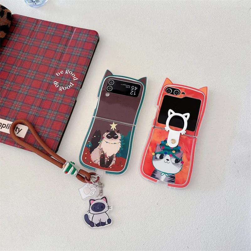 For Samsung Galaxy Z Flip 6 5 4 3 Case ZFlip6 Z Flip6 ZFlip 6 Cute Christmas Cat Pendant Lanyard Cat Ears Shockproof Cover