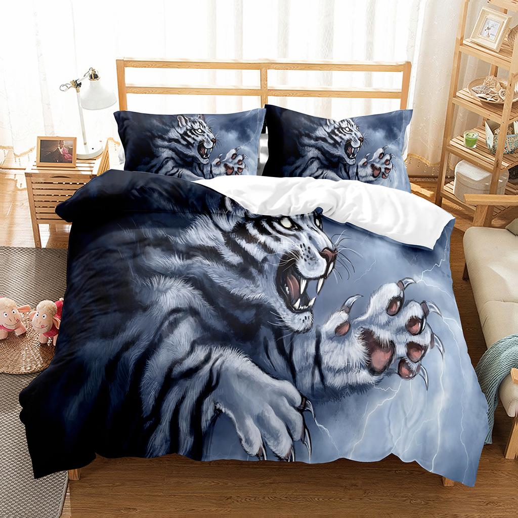 Tiger Duvet Cover Set Purple Flower Comforter Cover Boys African Safari Wild Animals Big Cat Queen King Polyester Quilt Cover