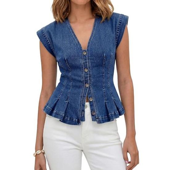 Women s V Neck Denim Vest Top Sleeveless Button Down Ruffle S