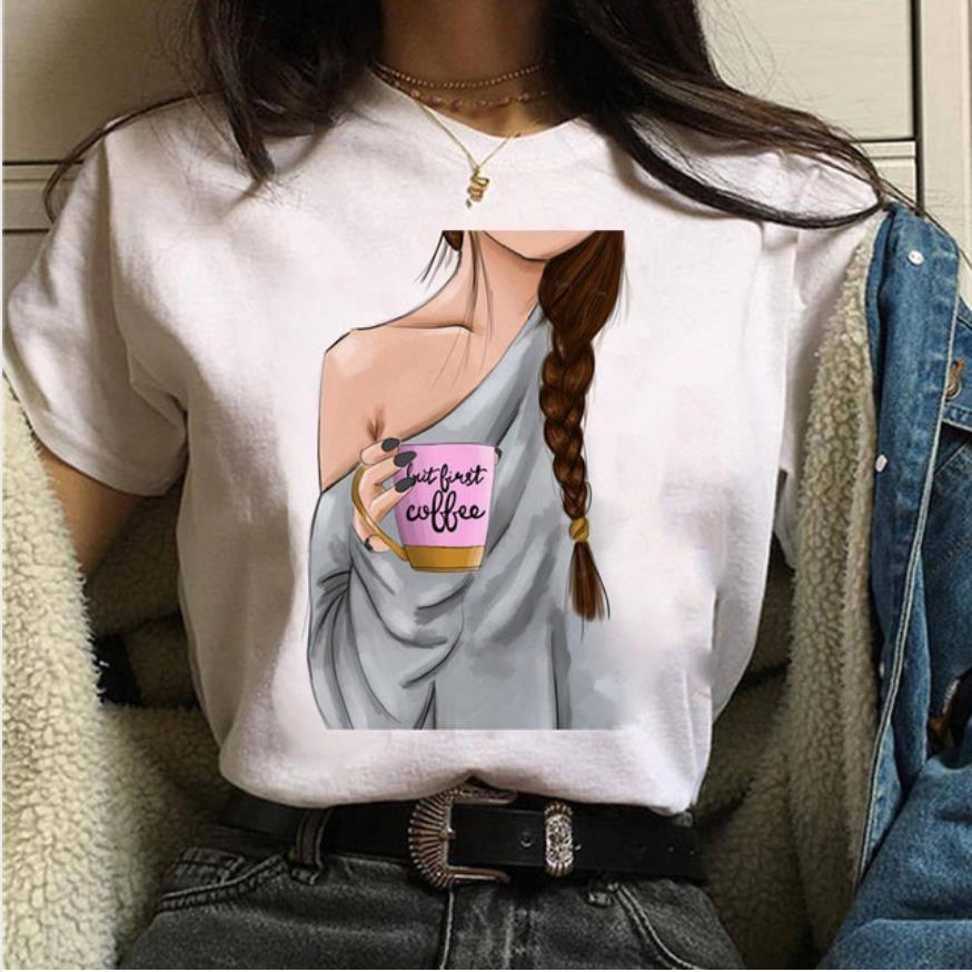 Fashionable Womens Coffee Printed White Tshirt Casual Short Sleeved Suitable for Daily Casual Versatile Home Clothes Top