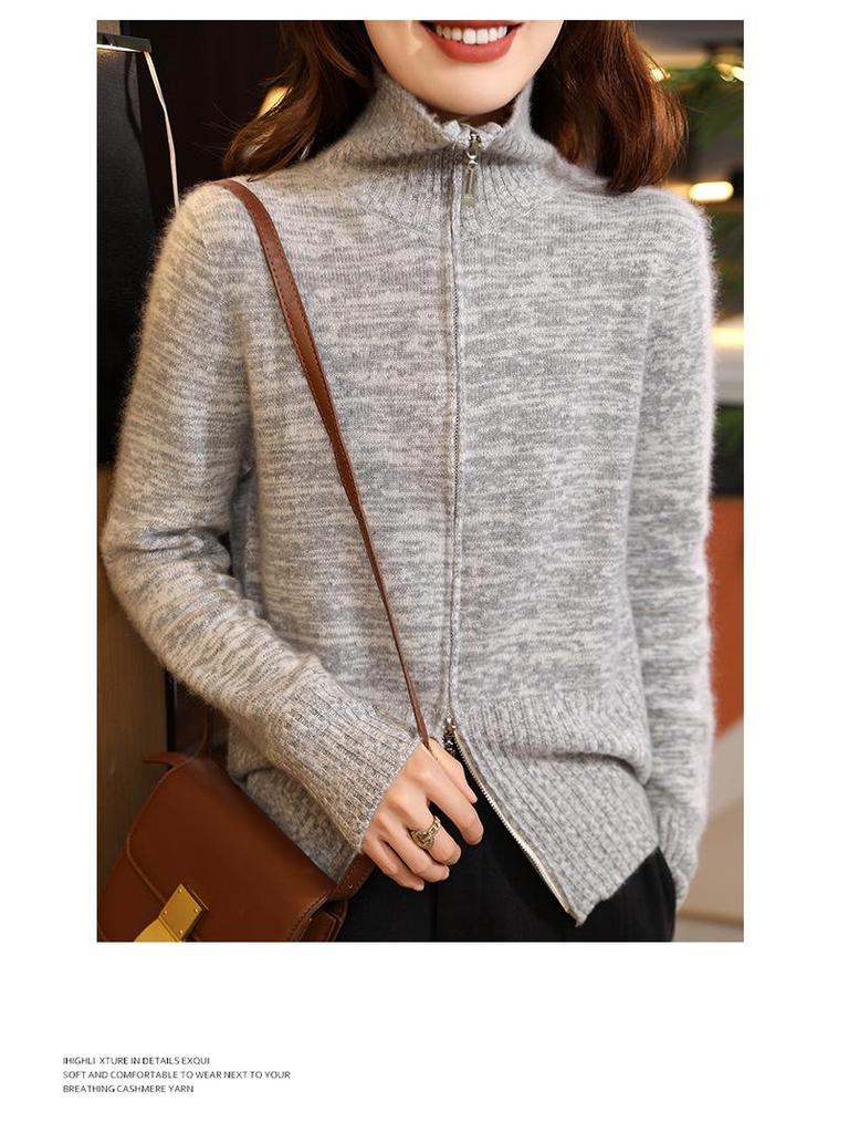 Women's 100% Wool Warm Turn-Down Collar Zipper Cardigan - Autumn/Winter Casual Style
