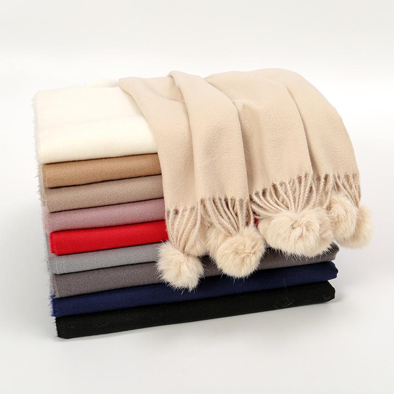 Women Warm Scarf With Rabbit Fur Ball Pashmina Thick Scarves Shawls Winter Cashmere Pompom Scarf Ladies Oversize Blanket Wrap