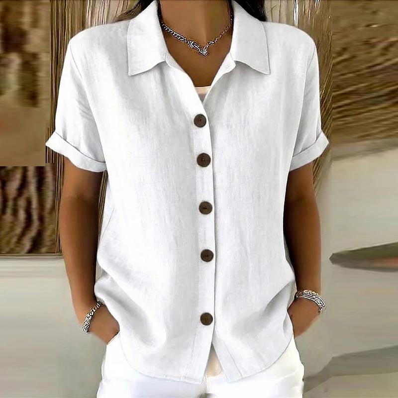 Women's Elegant Summer Cotton Linen Tops Short Sleeve Lapel Button Up Solid Color Loose Shirt Women Casual Blouse Cardigan Tops