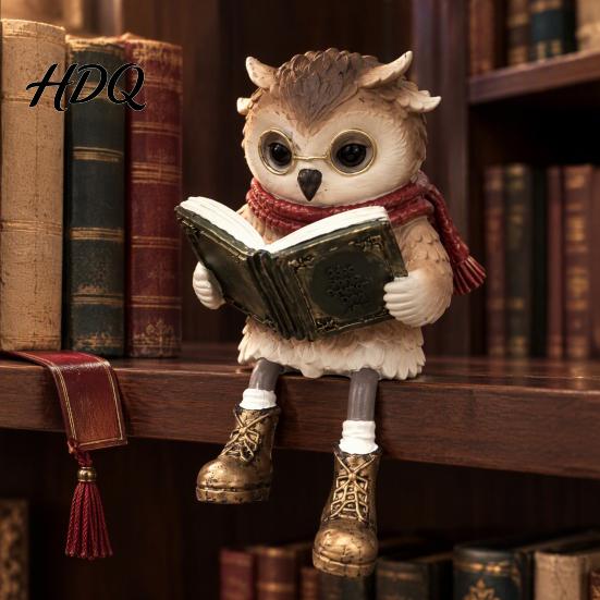 Artistic Resin Cat Sculpture Reading Owl/Fox Figurine with Dangling Legs Shelf Sitter Statue Open Book Glasses Red Scarf and Boots Rustic