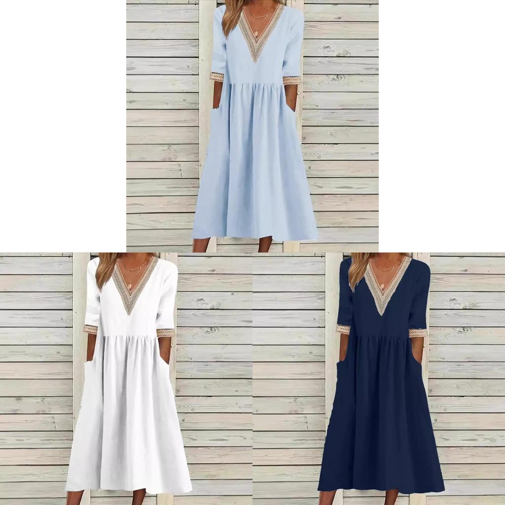 Cotton Linen Midi Dress With Ruffle Details For Office Women