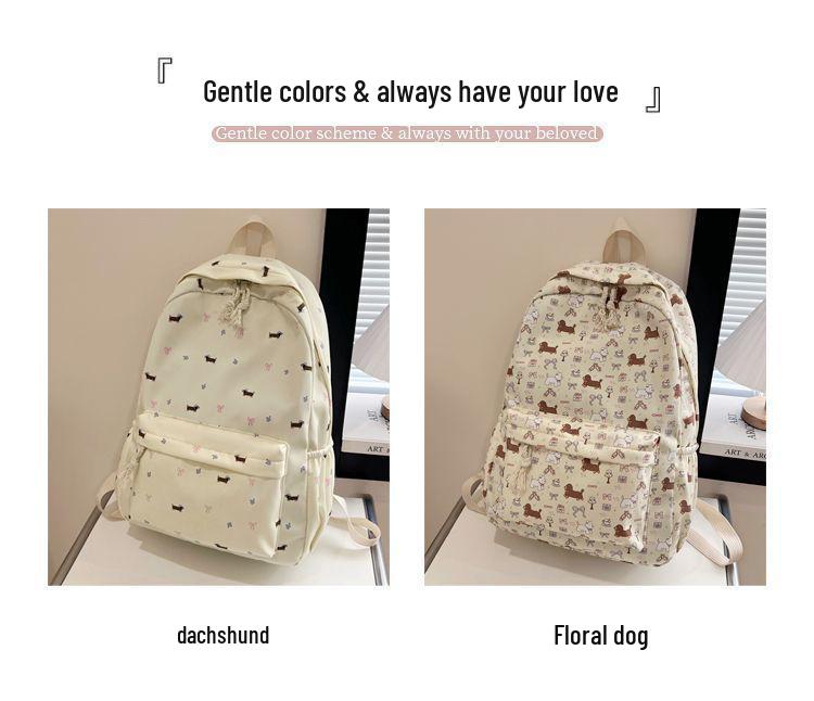 Japanese Style Cute Floral Backpack for Girls - Versatile Dachshund Design, Perfect for Middle School and University Students