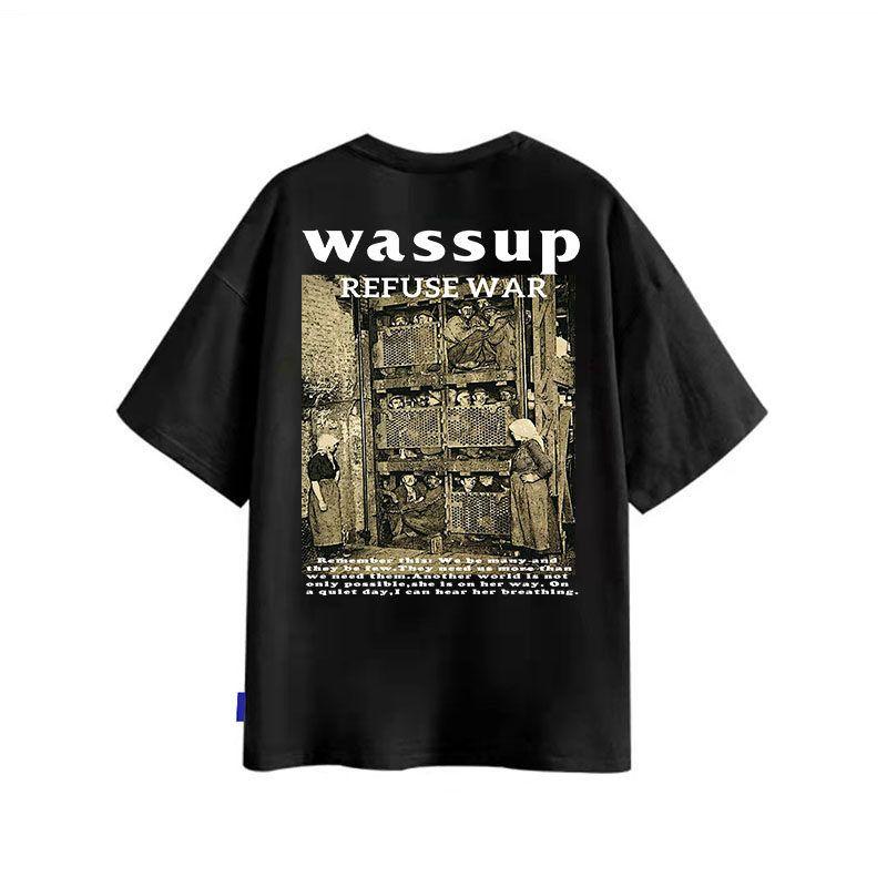 Wassup Heods American Heavy-Duty Vintage Printed Short-Sleeve T-Shirt for Men, National Trend, Pure Cotton, Loose Oversize