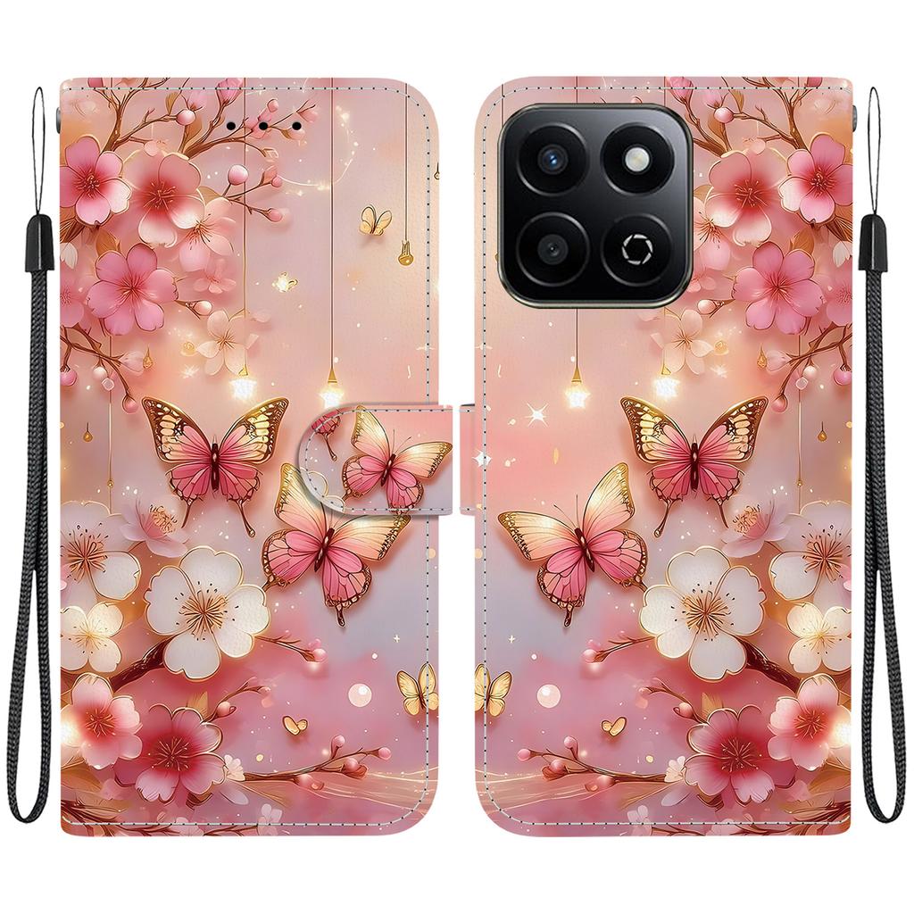 Handmade PU Leather Flip Case for Honor X7c Anti-Slip Shockproof Cover with Wrist Strap & Heart/Rose Cat Designs