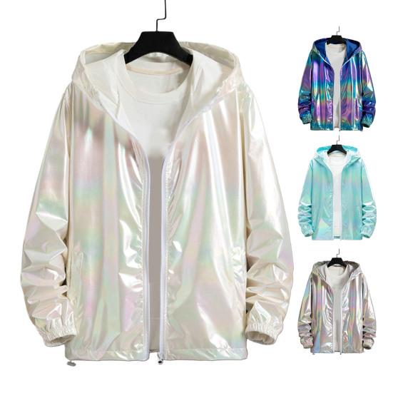 Spring Autumn Bright Colorful Sunscreen Jacket Men Hooded Long Sleeve Pockets Jacket Zipper Placket Men Coat Streetwear