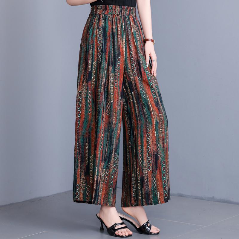 Women's Plus Size Cotton Silk Printed Wide Leg Pants, Elastic Waist Casual Summer Trousers (XL-5XL)