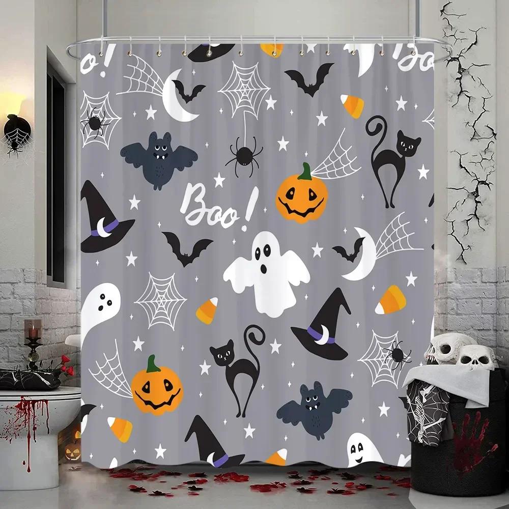 Läskig Halloween-duschdraperi, Vattentätt tyg med Spökhus, Döskallar, Skelett & Spöken för Festlig Badrumsinredning
