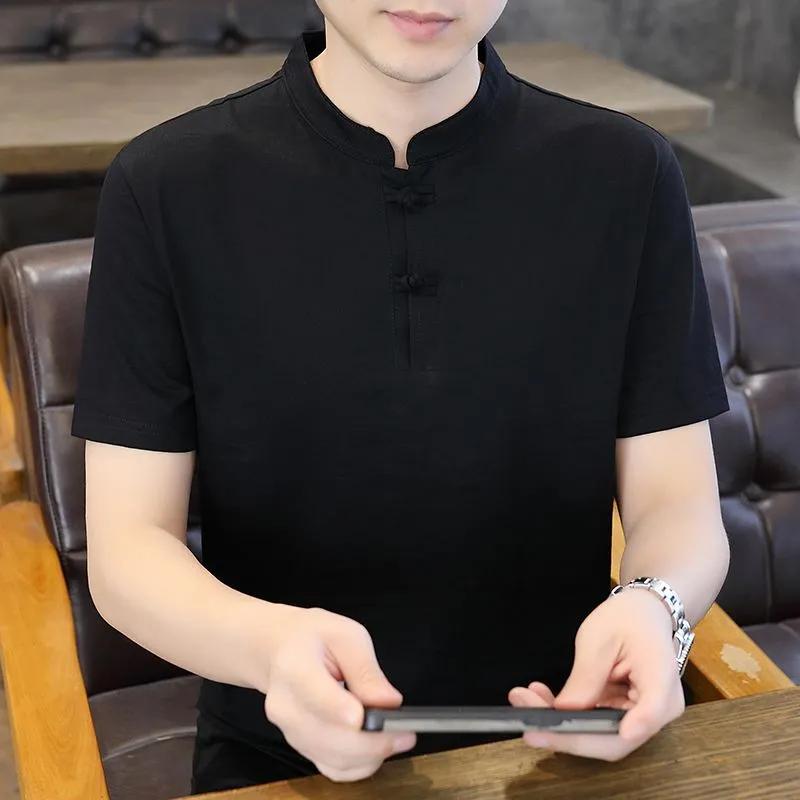 Men's Round Neck Disc Buckle Ice Silk Cotton Linen Short-sleeved T-shirt Trendy Summer New Youth Handsome Versatile T-shirt