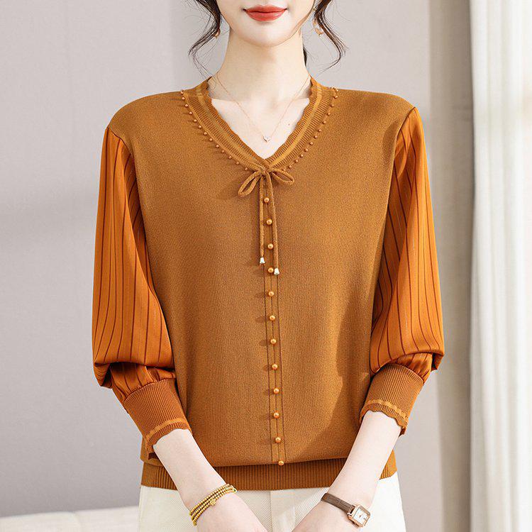 Fashion Casual V-Neck Lace-Up Knitwear Pullover for Women: Long-Sleeved Mother's Day Top