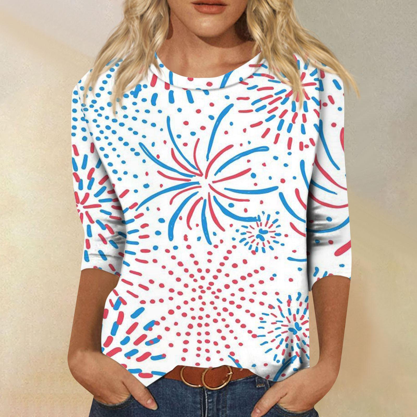 

Женская мода повседневный топ с круглым вырезом и принтом на День независимости с семью рукавами XL