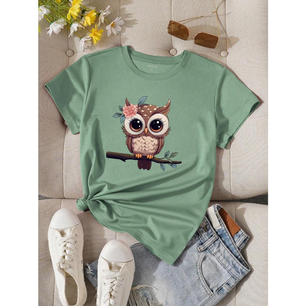 Women's Summer Cartoon Owl Printed Round Neck Short Sleeve Casual T-Shirt