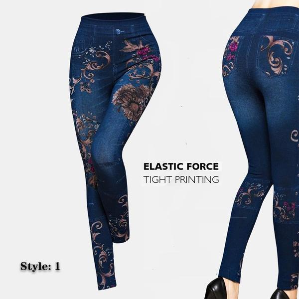 Women Printed Tight-fitting Super Stretch Leggings High Waist Outer Wear Sexy Close-fitting Imitated Denim Jean Leggings(Suitable for Weight 40-85kg)
