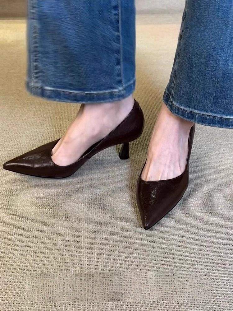 Cowhide Version~ Black High Heels Women's Cat Heel 2025 New French Pointed Middle Heel Single Shoes Professional Shallow Mouth Women's Shoes