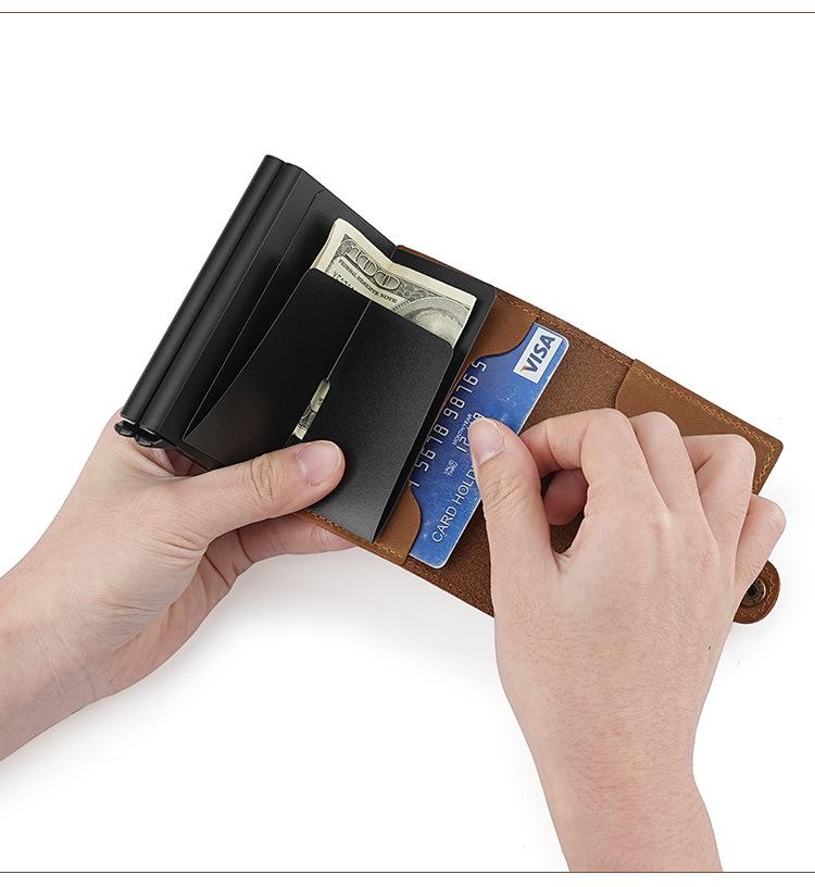Vintage 2025 Men's Double-Layer Crazy Horse Leather Card Holder with Push-Button Pop-Up and Aluminum Clip
