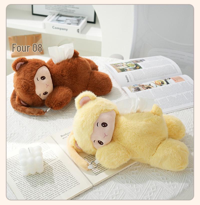 Plush Monkey Car Tissue Holder: Cute Cartoon Doll Pull-Out Tissue Box for Interior.