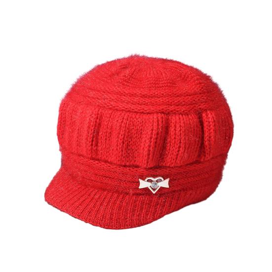 Mid-aged Women Winter Hat Thickened Knitted Elastic Short Brim Heart Rhinestone Decor Pure Color Windproof Warm Head Protection Lady Cap