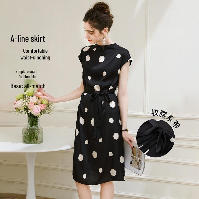 TUHUANG Hepburn Stil Maulbeerseide Gepunktetes A-Linien Midi-Kleid