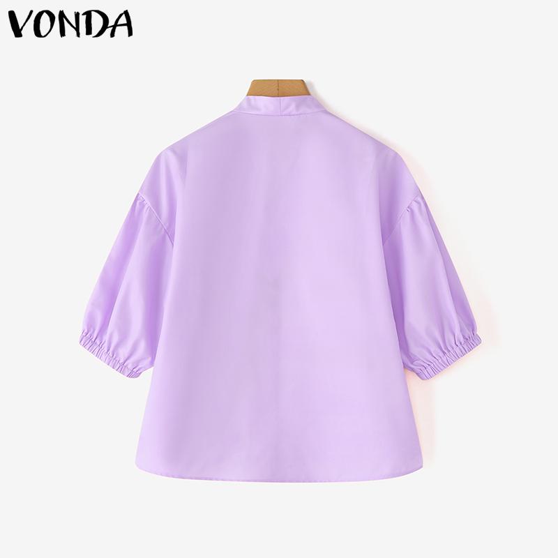 VONDA Women Summer V Neck 3/4 Sleeve Floral Print Smooth Casual Blouse Tops