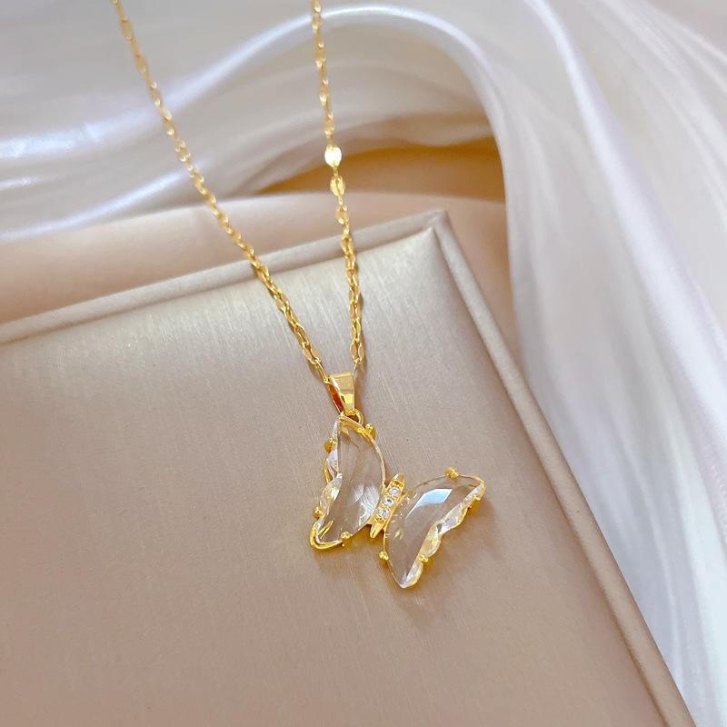Zircon Butterfly Light Luxury Banquet Wedding Necklace Women'S Versatile Collarbone Chain Titanium Steel Chain
