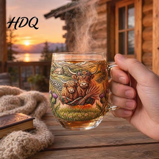 Durable Glass Drinkware 350ML Hand-painted Highland Cow Glass Cattle Coffee Mug Decorative Wine Glasses with Handle Heat-Resistant Tea Milk