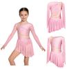 Eiskunstlauf-Kleid für Kinder: Langarm Netz Strass Asymmetrischer Body mit integriertem Höschen & Träger-Rücken