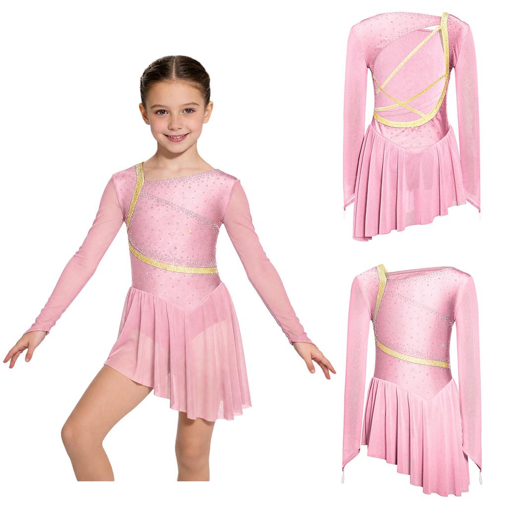 Eiskunstlauf-Kleid für Kinder: Langarm Netz Strass Asymmetrischer Body mit integriertem Höschen & Träger-Rücken