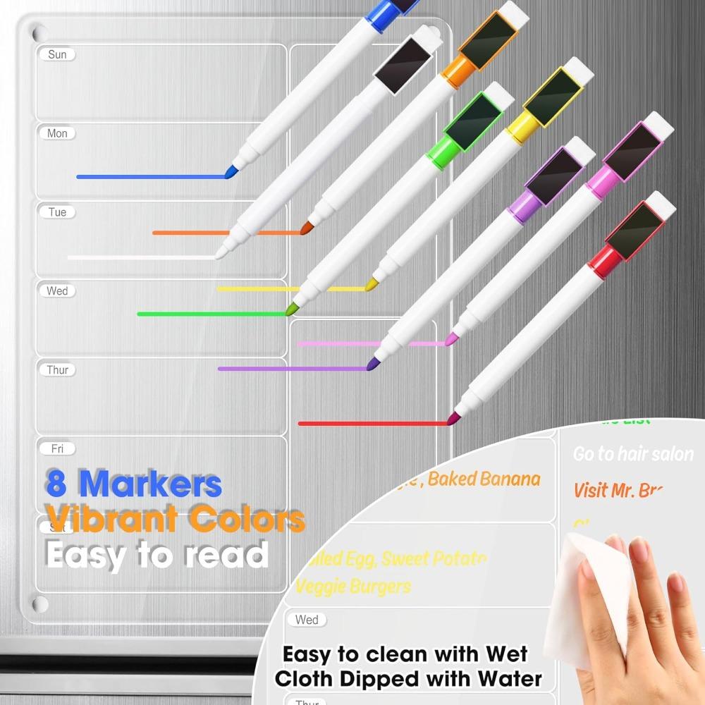 1Pcs Acrylic Magnetic Meal Planner Menu Board - Clear Weekly Calendar for Kitchen Fridge W/ 8 Markers, Refrigerator Noteboard